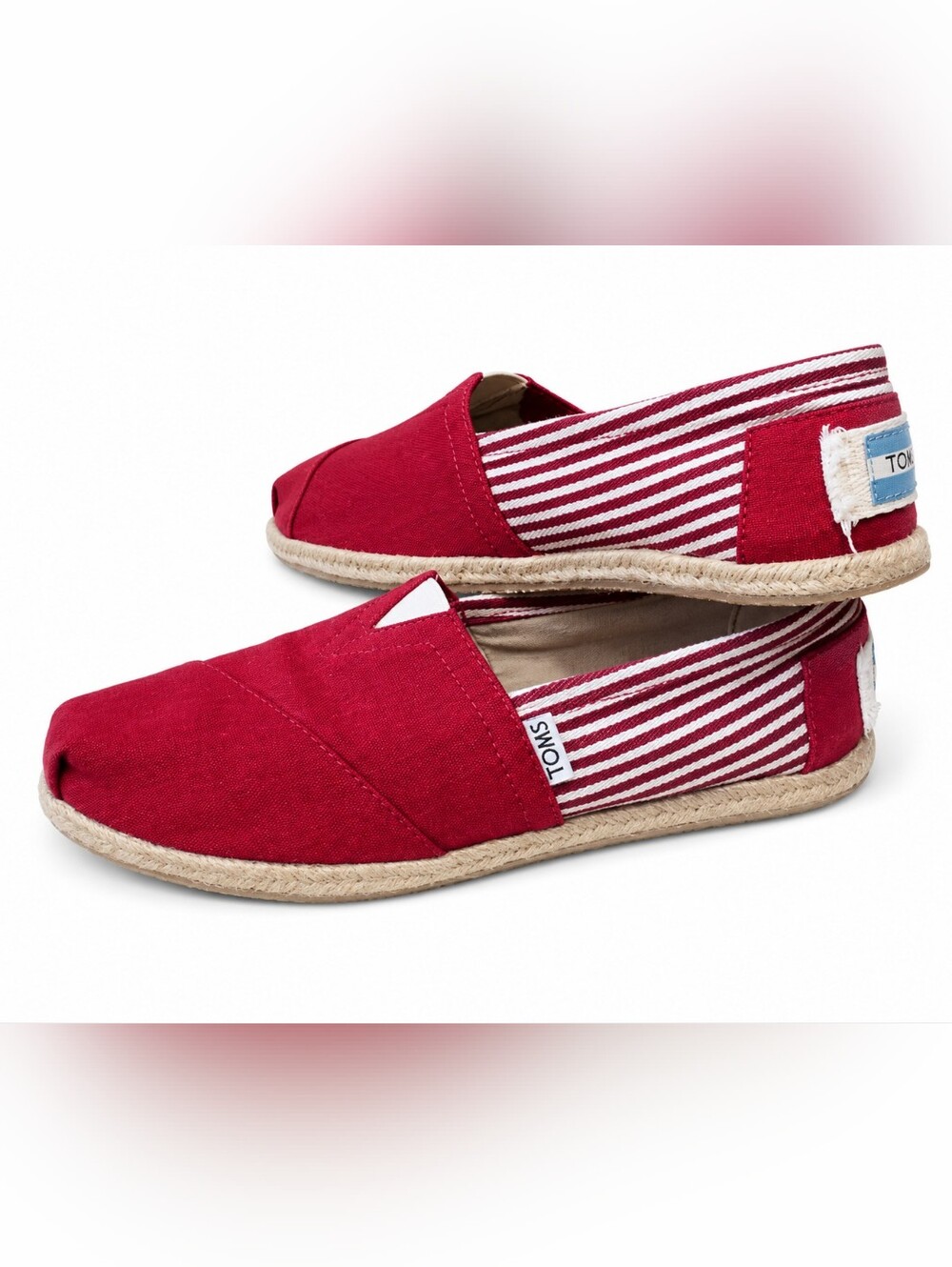 TOMS Women's Espadrilles Slip-On Shoes Red And White Size 8 Excellent, LIKE NEW